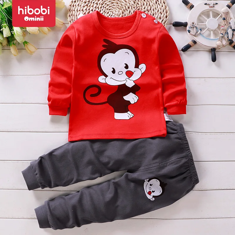 Cotton pajamas set hibobi 2-Piece 100% Cotton Children&rsquo;s Comfortable Round Neck Warm Home Clothes Set Cute Animal Pajamas And Pajama Pants Set