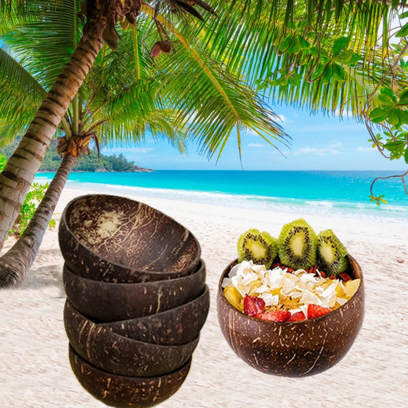 

12-15cm Natural Coconut Bowl set wooden Salad Ramen bowl Coconut Wood Spoon Set coco smoothie Kitchen tableware Coconut bowl