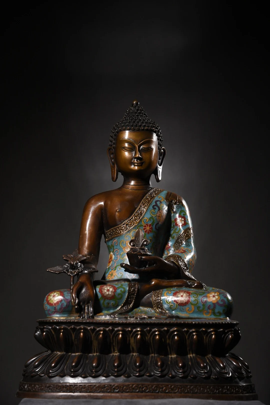 

18"Tibet Temple Collection Old Bronze Cloisonne Enamel Floral texture Medicine Buddha Double Lotus Platform Worship Hall