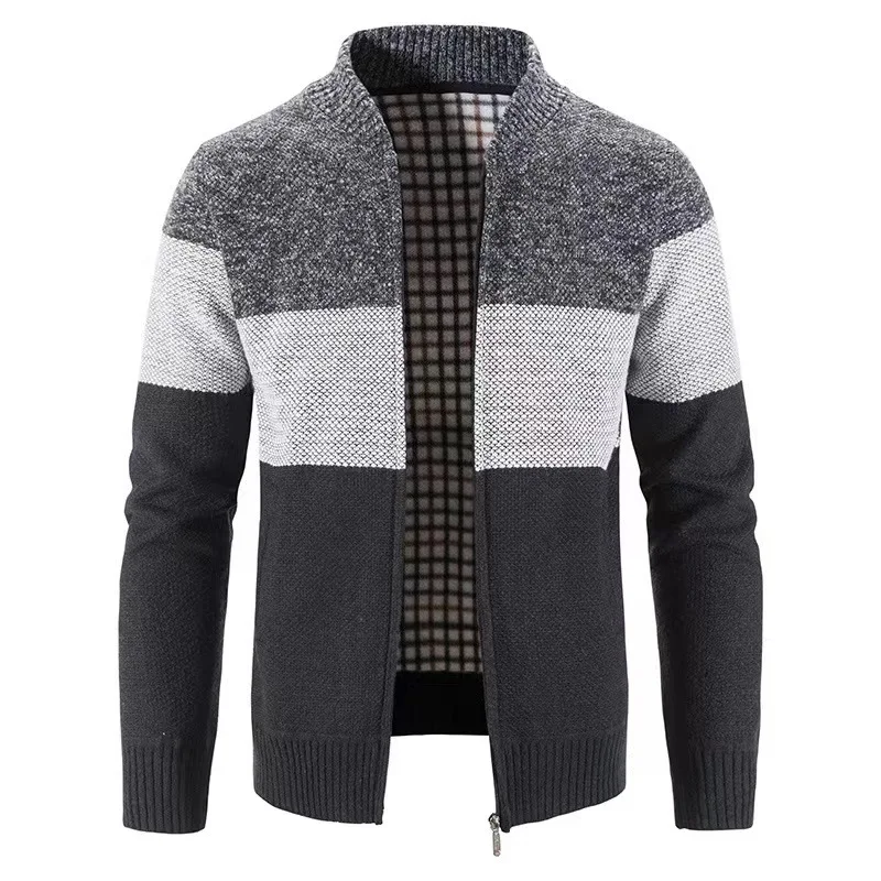 2023 Autumn Winter New Round Neck Long Sleeve Zipper Sweater Cardigan Man Casual Fashion Loose Contrast Color Plus Velvet Coat