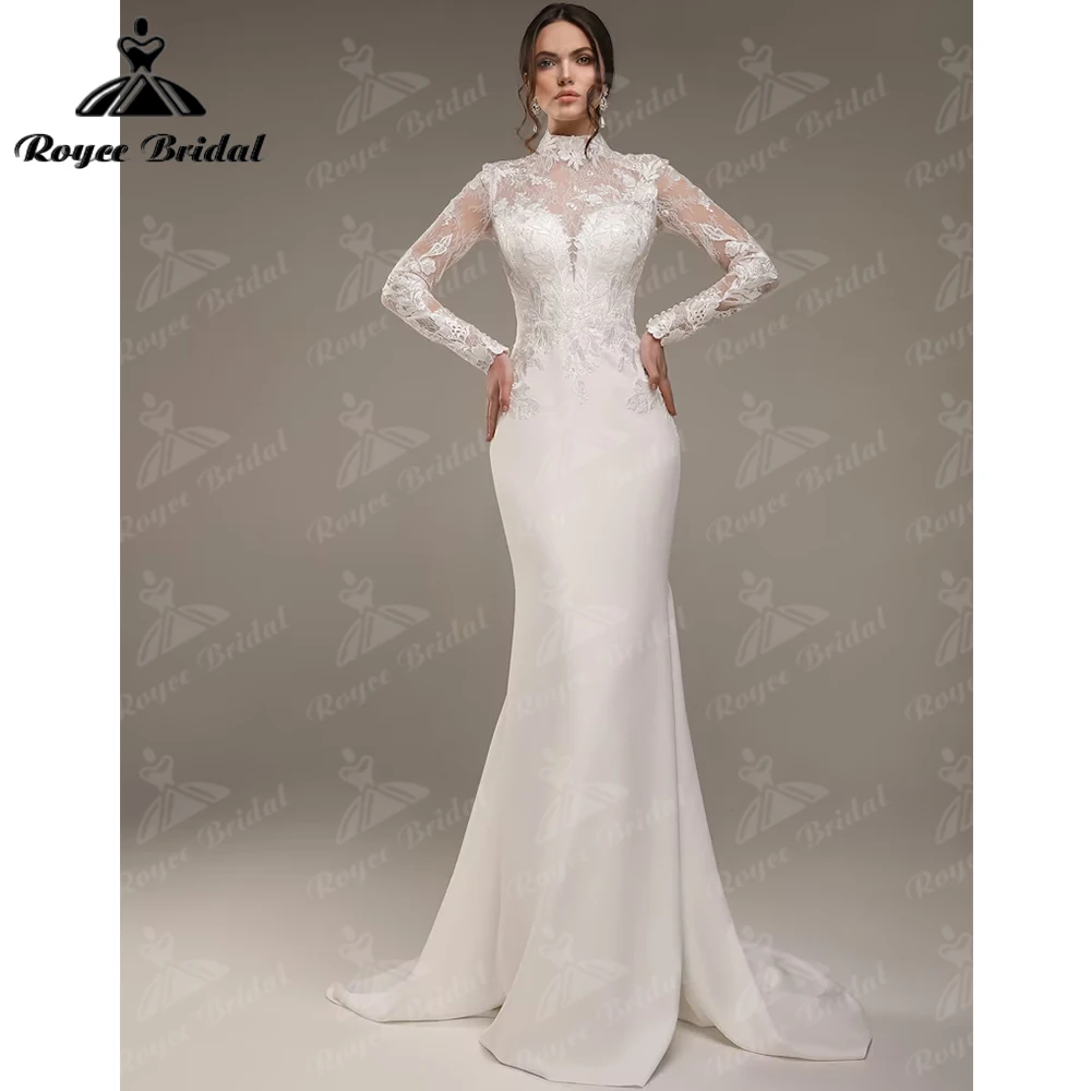 Satin Bridal Dress Bohemian Mermaid Wedding Dress Train Long Sleeves Lace Luxurious Wedding Gown Roycebridal