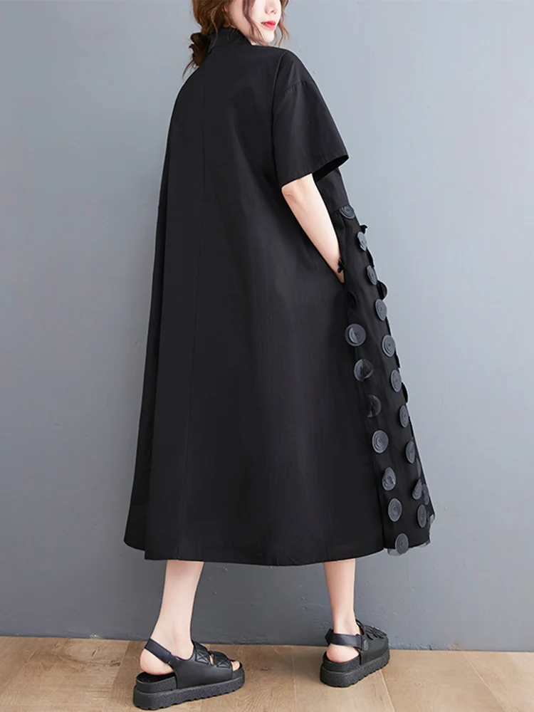 Black Mesh Spliced Polka Dot Summer Shirt Dress Women New Short Sleeve Loose Casual Fashion Long Dress Elegant Clothes 2025