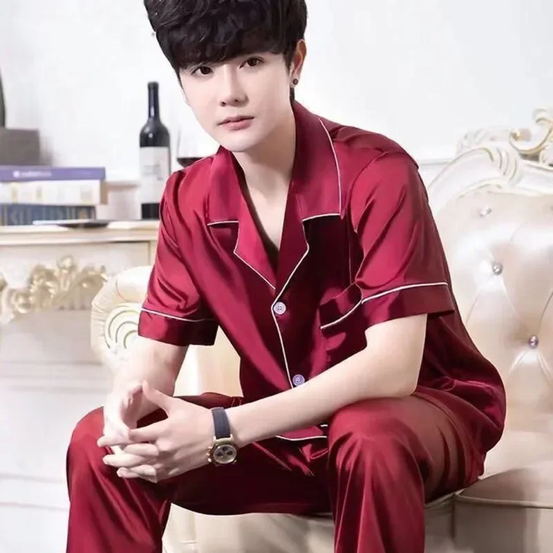 Short Men Silk Summer Satin Pyjama Wear For Pajamas Lounge Pijama Color Home Night Pants Pajama Set Sleeve Male Suit Men's Solid