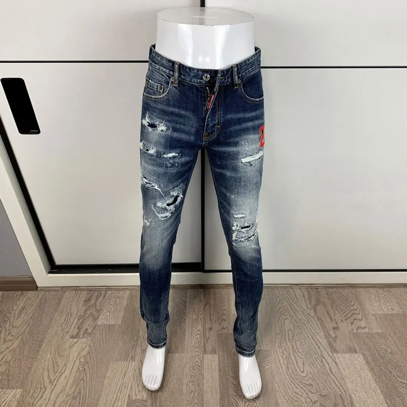 

High Street Fashion Men Jeans Retro Washed Blue Stretch Slim Fit Ripped Jeans Men Brand Patch Designer Hip Hop Pants Hombre