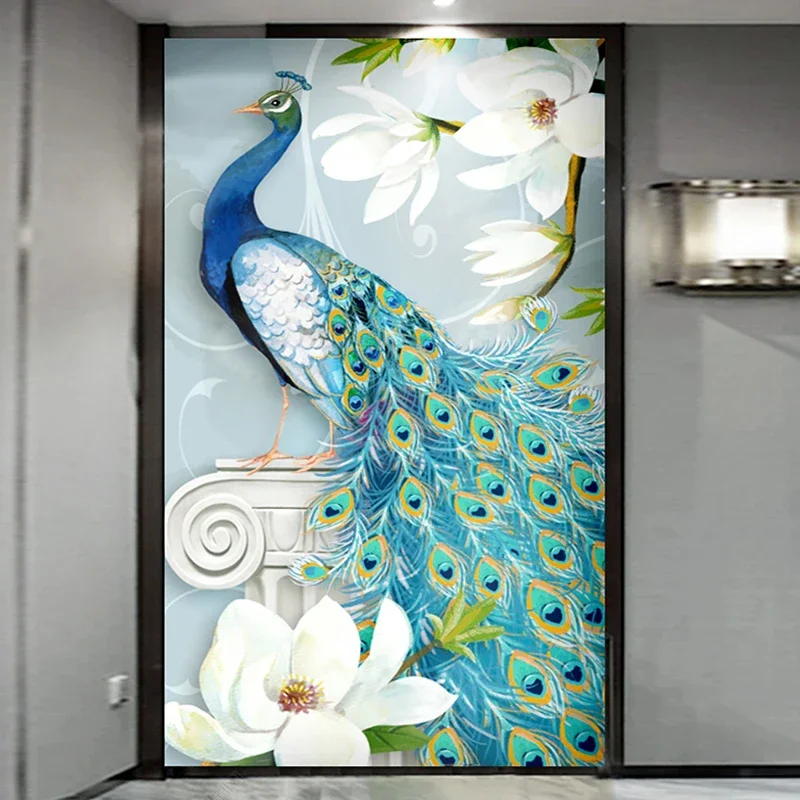 

Custom 3D Mural Wallpaper Peacock Flowers Entrance Corridor Hall Living Room Wall Decoration Photo Wall Paper Papel De Parede 3D