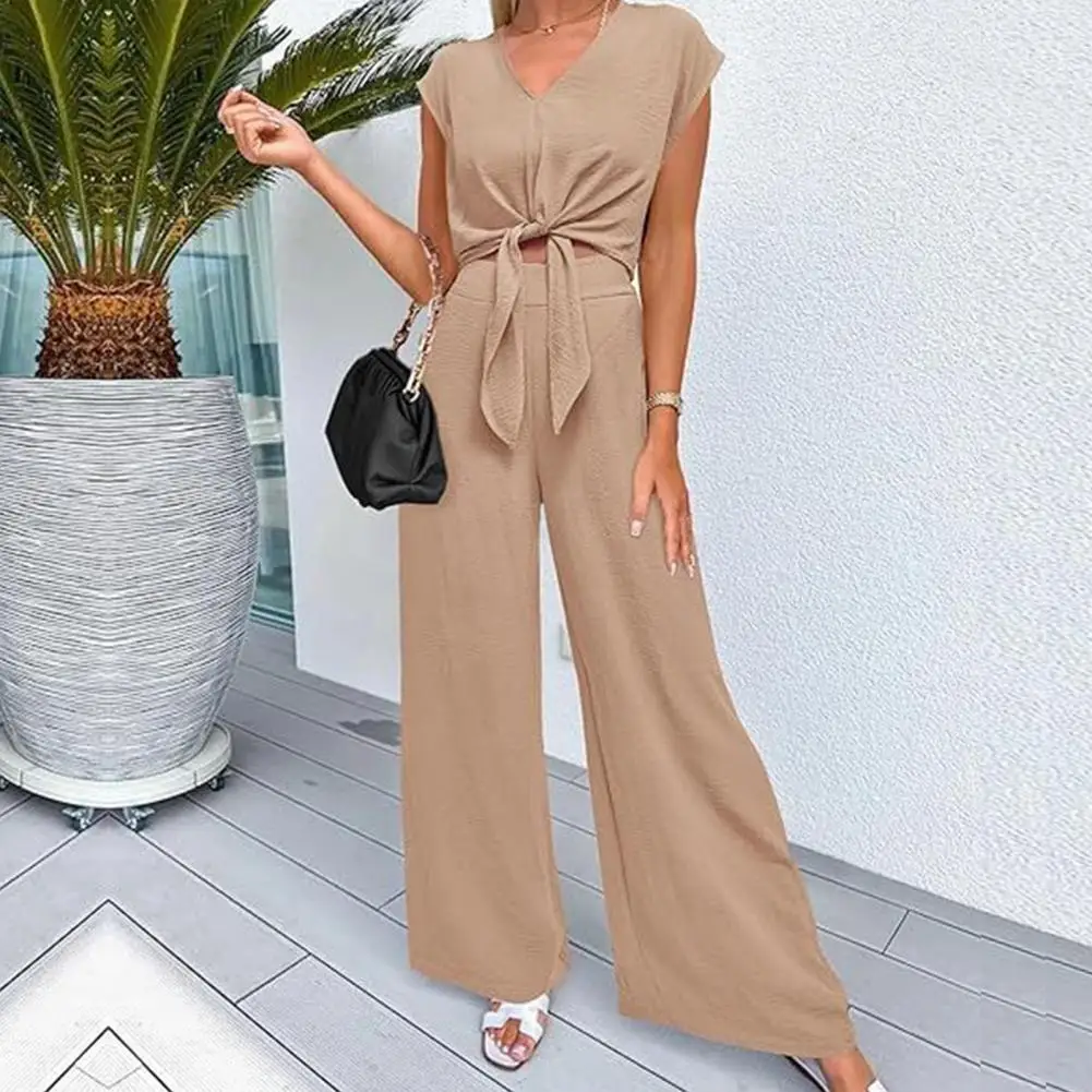 

Women Spring Suit Breathable Lightweight Suit Women's Lace-up Knot Top Wide Leg Pants Set for Ol Commute V Neck High Waist Solid