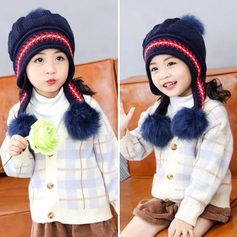Winter Pompom Children Knitted Hat Solid Color Hairball Kids Beanie Cap Autumn Thicken Plush Warm Girl Ear Protection Bonnet 4