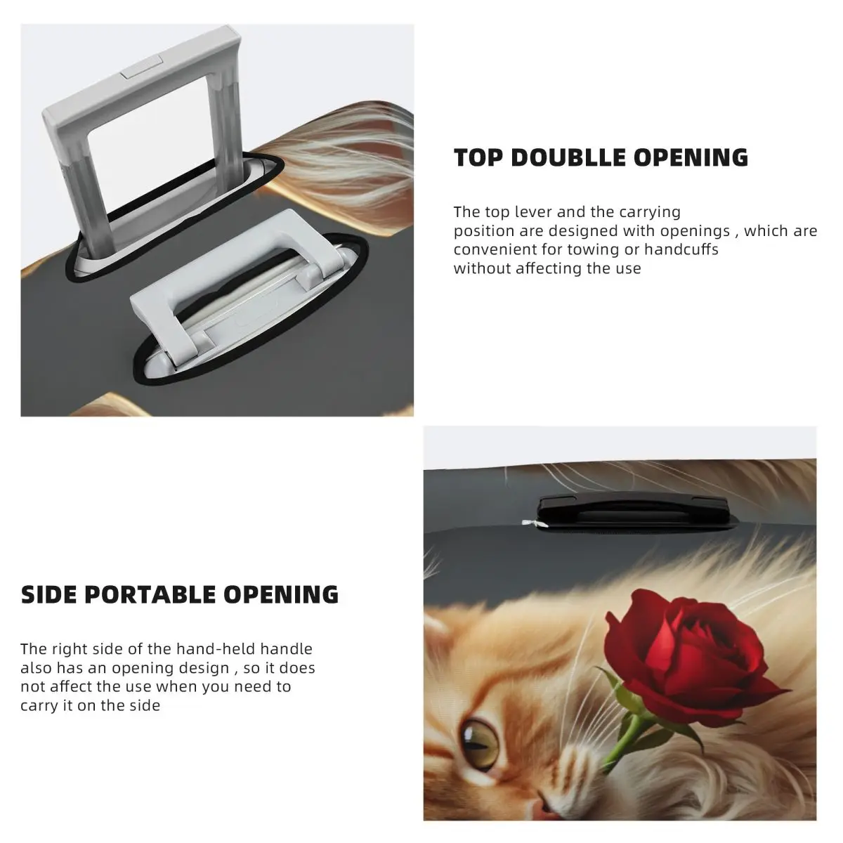 귀엽고 우아한 긴털 고양이와 장미 무늬 여행 가방 커버, 여행 보호, 비행 실용 수하물 용품