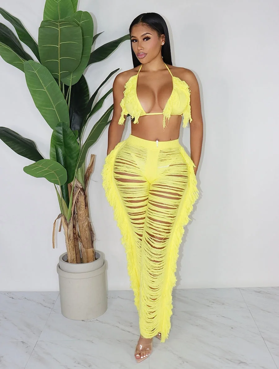 

Summer Women's Suit Sexy Halter Top And Fringe Knitted Pants Sets Stylish Casual Lady Slim Two Piece Set