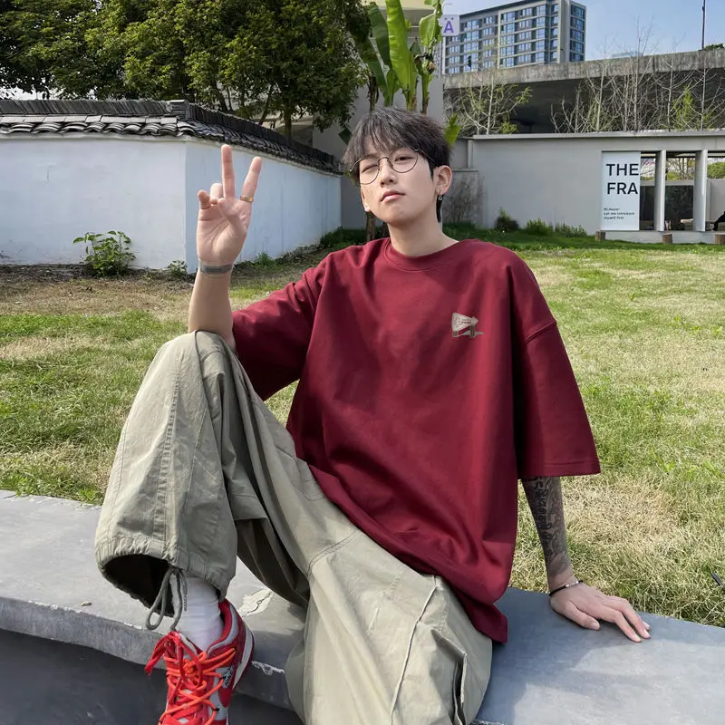 

American Retro Red Heavyweight T-shirt Men Small Neckline Pure Cotton Short Sleeved Summer Loose Oversized Round Neck Top