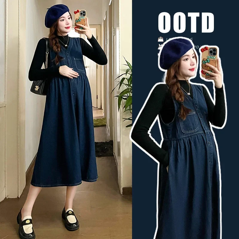 New Autumn High Neck Top plus Korean Style Denim Overalls Two-Piece Set Maternity Clothes Cover Belly Slimming Trendy