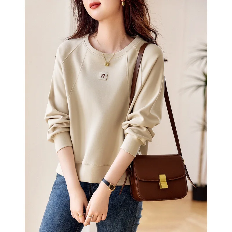Women's Spring Autumn Solid Pullover Crew Neck Letter Patch Long Sleeve T-shirt Loose Hoodies Casual Vintage Office Lady Tops