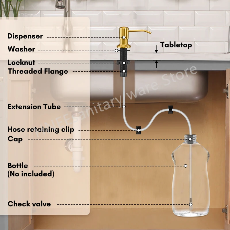 Bathroom Liquid Soap Dispenser Extension Tube Kit Stainless steel Head 1.3m Silicone Tube Kitchen Sink Pump With Check Valve