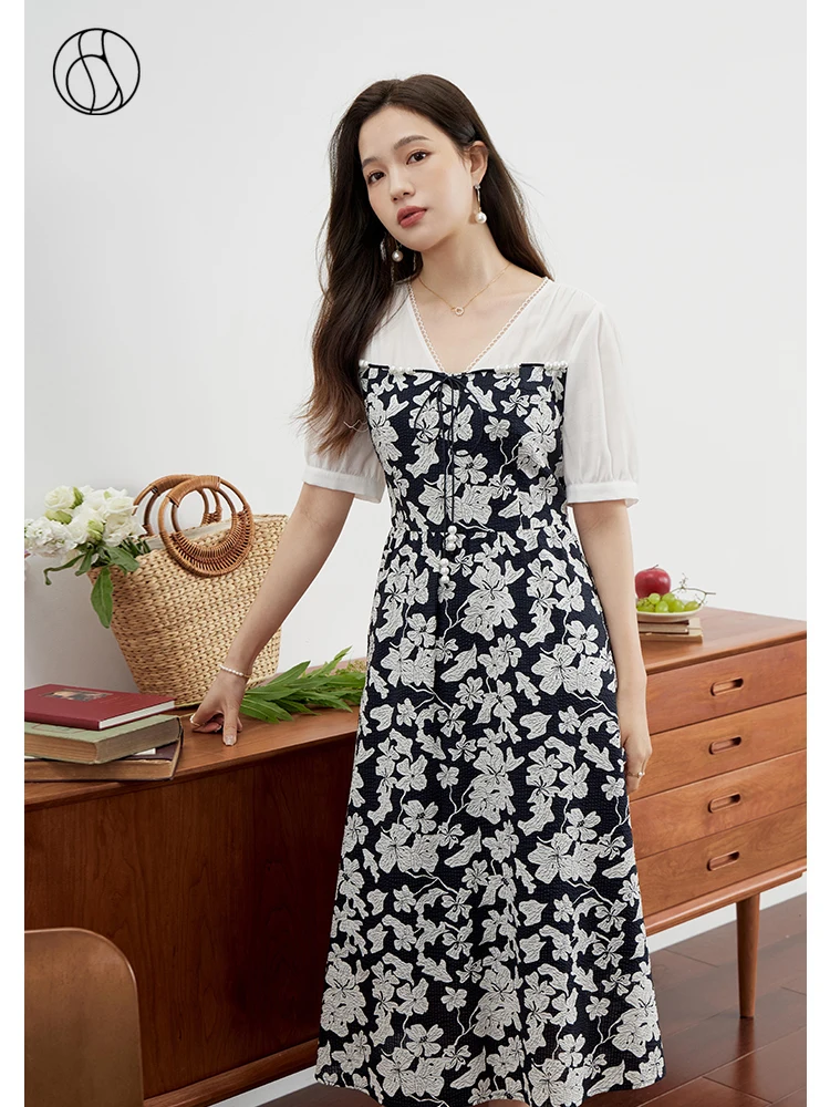 

DUSHU Fake Two Women Long Floral Dresses Patchwork Design Black Print Female Summer Mid-Calf A-LINE Skirts V-Neck Boho Dress