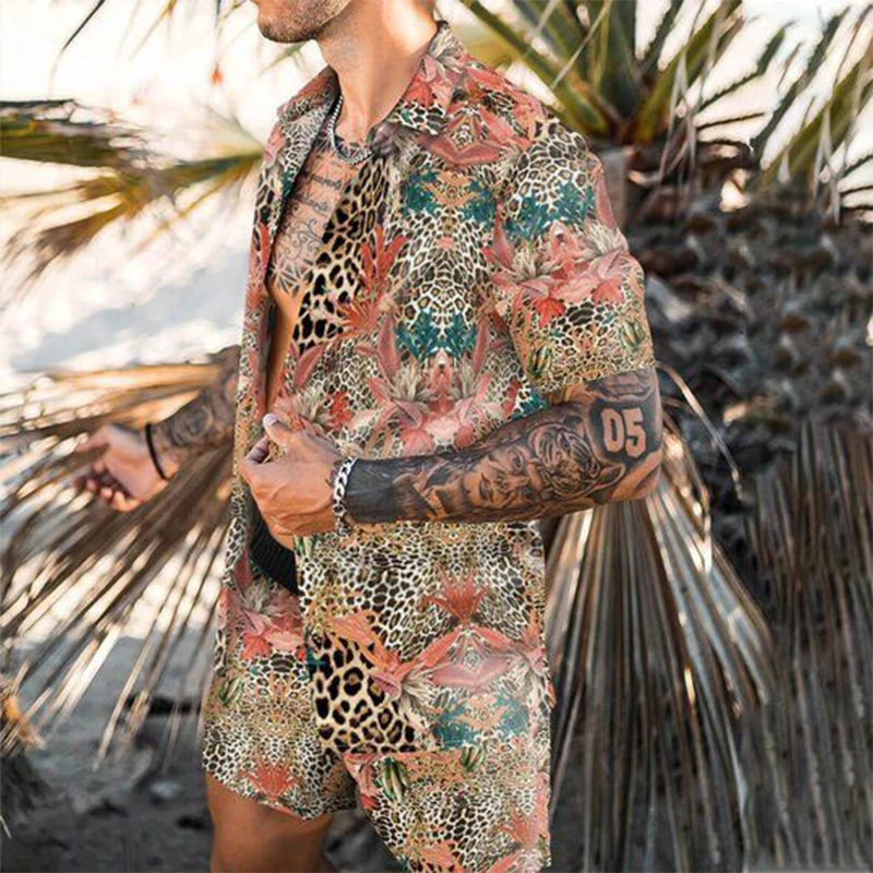 

High Quality Summer Men Hawaiian Sets Leopard Print Short Sleeve Button Shirt Beach Shorts Holiday Mens Two Piece Suit Cardigan