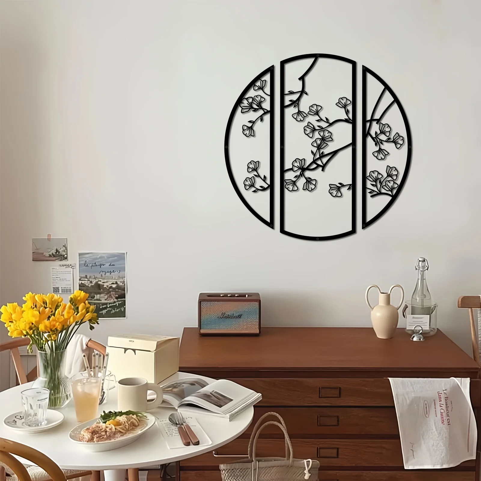 

Crafts 3pcs/set Ginkgo Metal Wall Art Decor, Black Simple Line Round Wall Art Sculpture, Suitable for Bedroom Kitchen Wall Decor