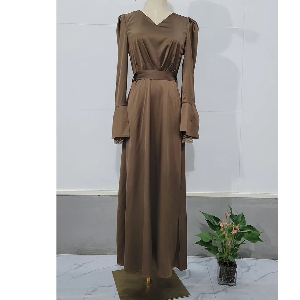 Satin Long Dress in Spring Fashion Long Sleeves Elegant Robe Dress with  Waist High V Neck for Women's Commuting Evening Dress - AliExpress