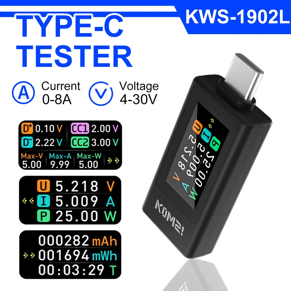 USB C Power Tester, USB Power Meter KWS 1902C IPS HD Color LCD Screen Accurate Measurement High Brightness for Home for Car (White