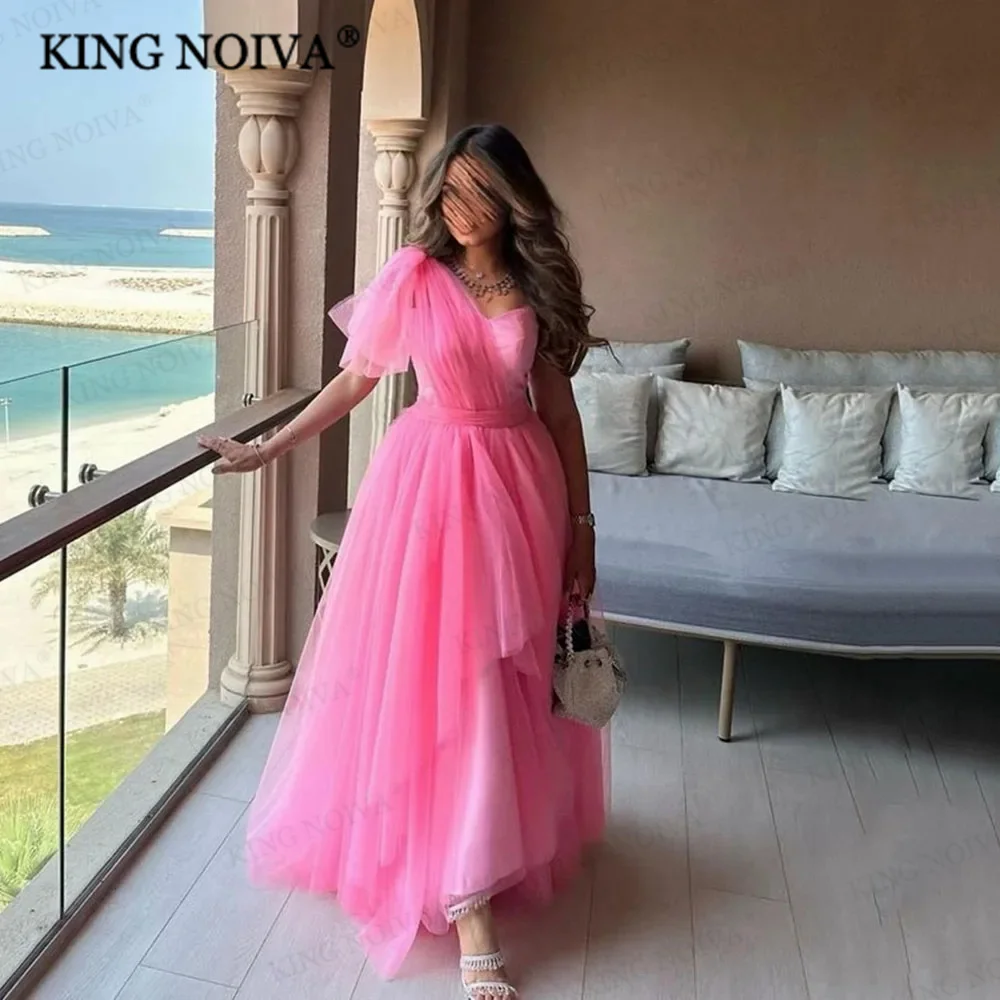 

KING Pink Elegant One Shoulder A-Line Formal Evening Dresses Backless Pleat Tiered Floor-Length Simple Prom Dress robe de soiréé