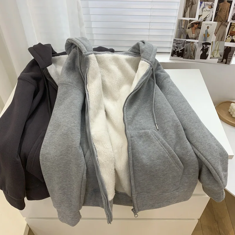 

Thickened Lamb Fleece Sweater Women's Loose Casual Hooded Cardigan Autumn/Winter Plushed Warm Coat