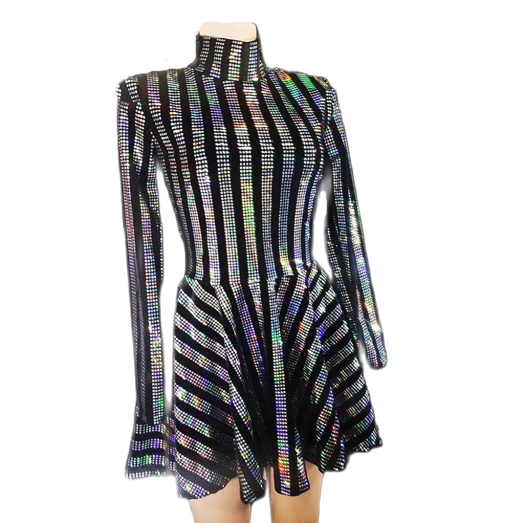 

Black Shining Crystal Rhinestones Sequins Long Sleeve Women Dress High Neck Stage Party Evening Bar Nightclub Clothing