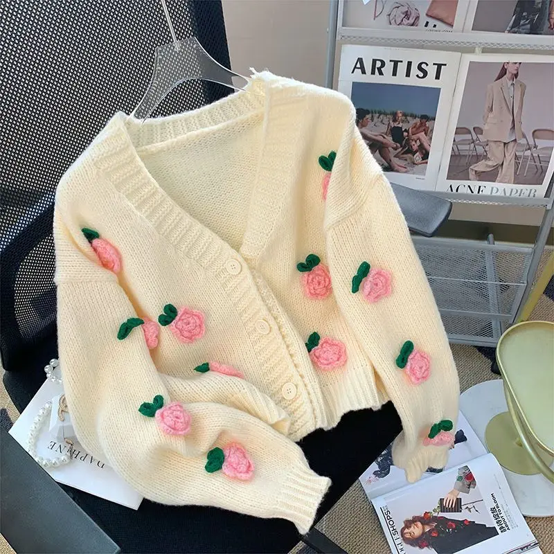 

Autumn Womens Embroidered Flowers Sweater Cardigan Knitted Coat