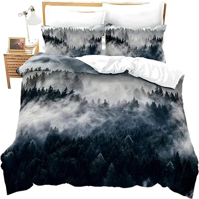 

Smoky Mountain Bedding Set Forest Duvet Cover King Grey Trees Natural Scenery Art Mountain Fire Forest Folk Style Retro Decor