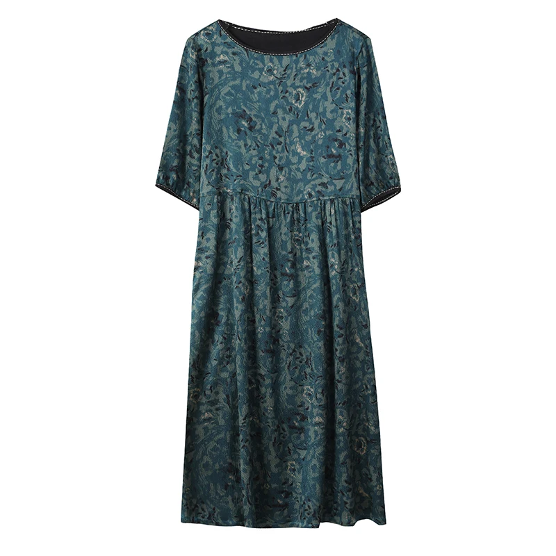 여성 녹색 인쇄 멀 베리 실크 미디 드레스 여름 한국 빈티지 캐주얼 파티 Vestidos 2024 새로운 우아한 느슨한 플러스 사이즈 드레스