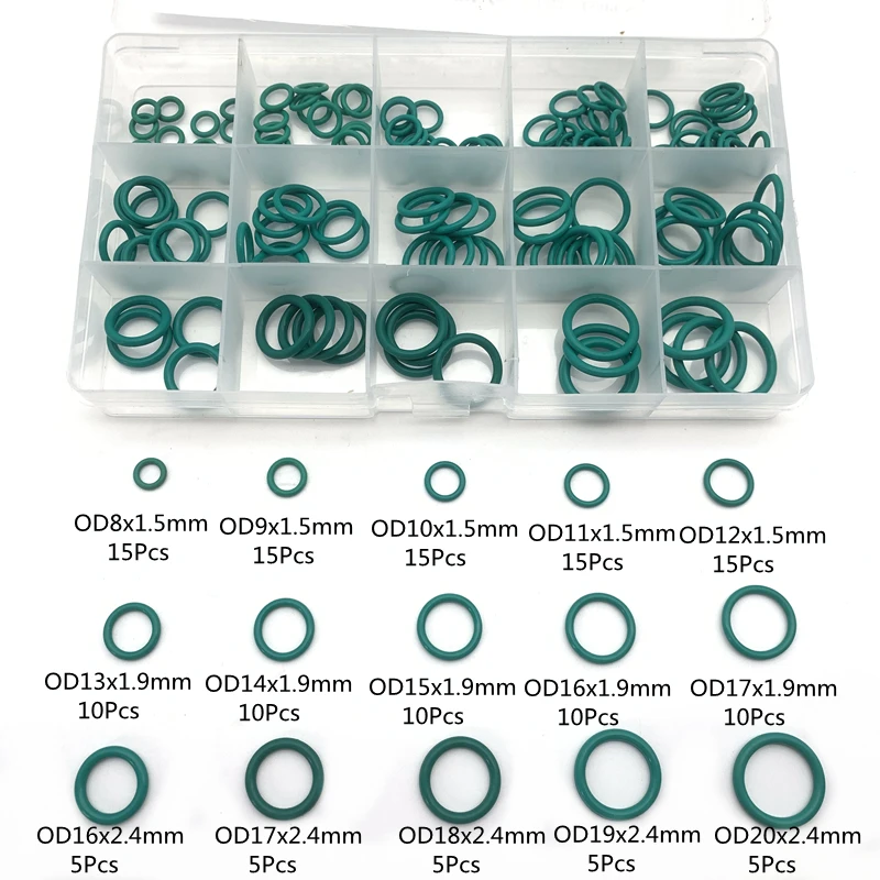 

150pcs FKM Green O-Ring Gaskets Acid-Base High Temperature Oil Resistance Fluororubber Ring Seal Multi -Size Maintenance Box Set