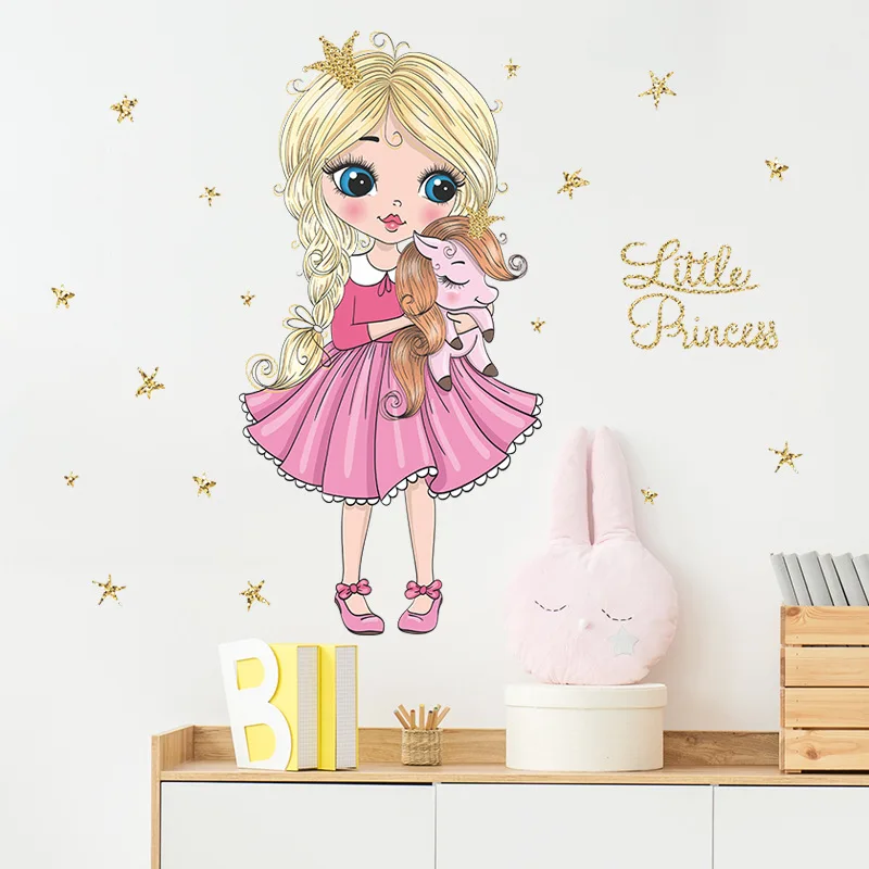 

Cartoon Blonde Princess Unicorn Wall Stickers for Girls Rooms Nursery Kids Baby Bedroom Vinyl Wall Decals DIY Decorative Sticker