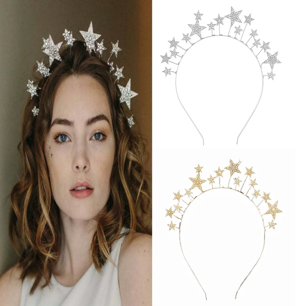1 aro para el pelo con forma de estrella de cinco puntas y perlas de diamantes de imitación para fiesta. Un accesorio para el cabello exagerado e individualista para festivales y