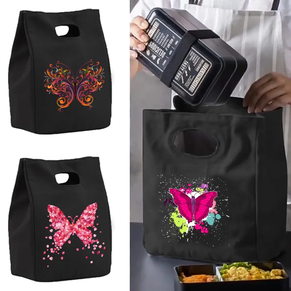 Insulated Bag Thermal Lunch Bags for Women Fridge Pouch Food Tote Cooler Handbags for Work Canvas Picnic Box Butterfly Pattern