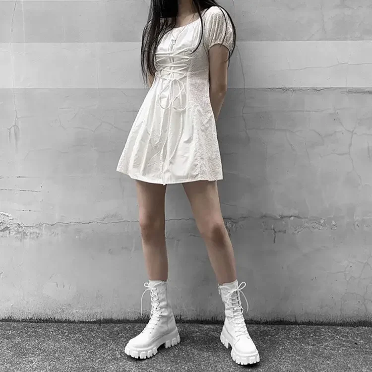 Women's Comfortable Solid Color Platform Boots, Fashion Lace Up Side Zipper Boots with Comfortable Design