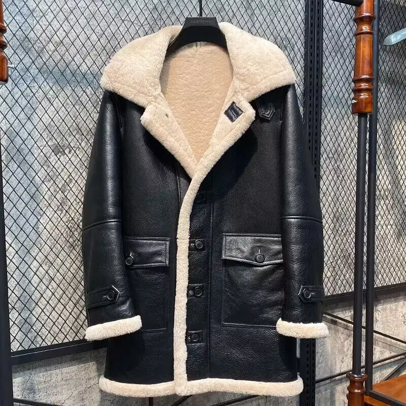2023 Men Genuine Leather Coat Natural Sheepskin Shearing Wool Liner Male Pilot Jacket with a Hood Plus Big Size 4XL 5XL 6XL 7XL fashion leather jacket men winter fleece liner pu leather coats with hood autumn male clothing casual white motorcycle jackets