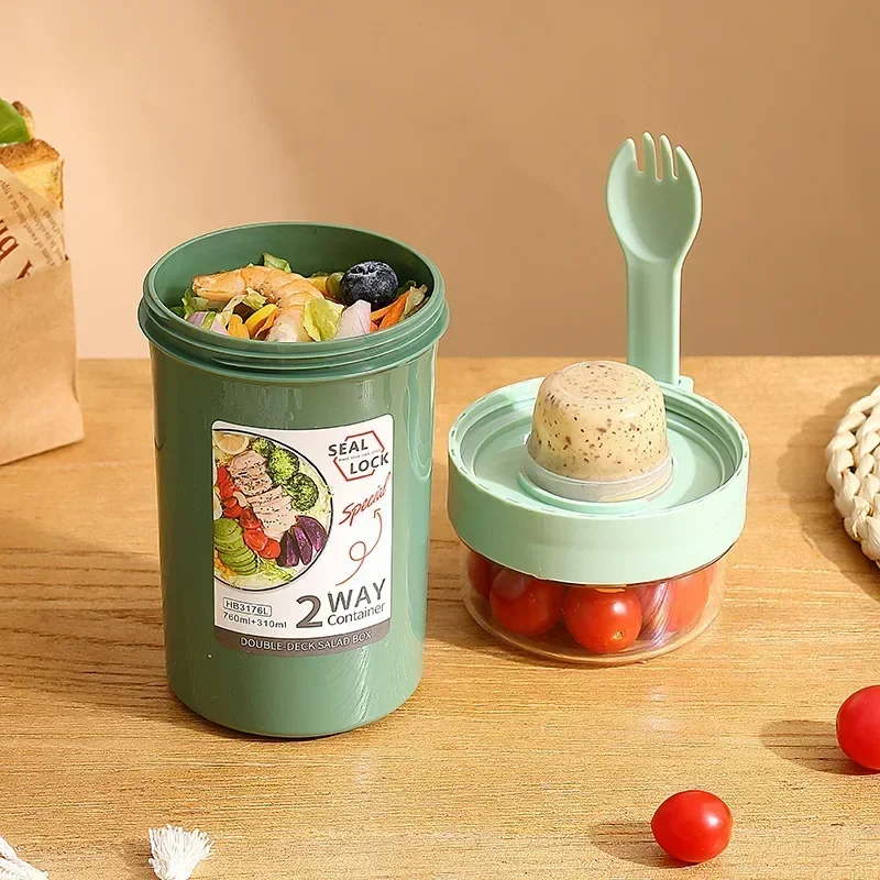 Bento Lunch Box Salad Oatmeal Breakfast Double Cup Cereal Nut Yogurt Container Set With Dressing Holder Fork Meal Preparation - 4