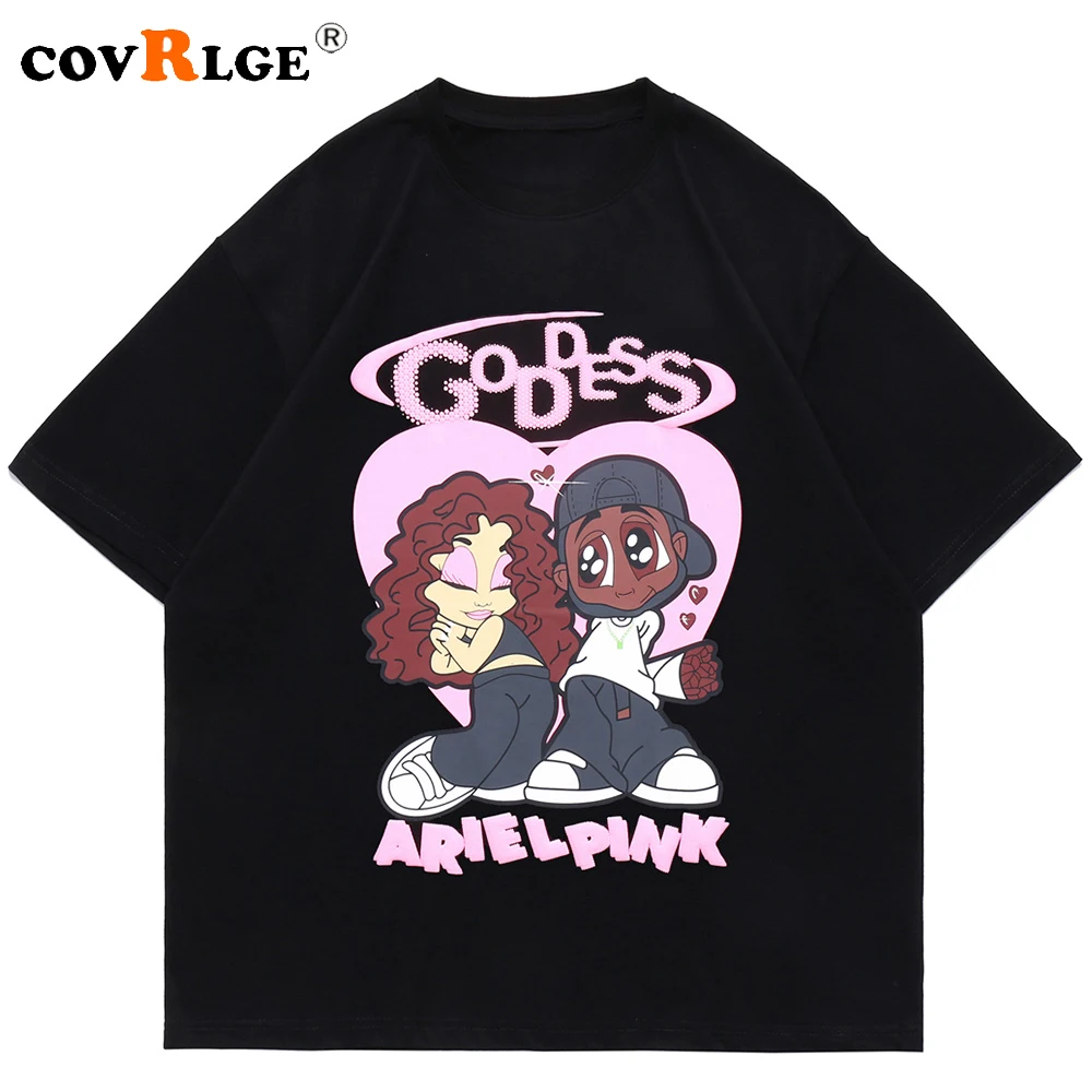 

Covrlge Hip Hop T-shirt Men Cartoon Couple Print Streetwear O-Neck Fashion College Style Cotton Cozy Oversized Tops Tees Summer