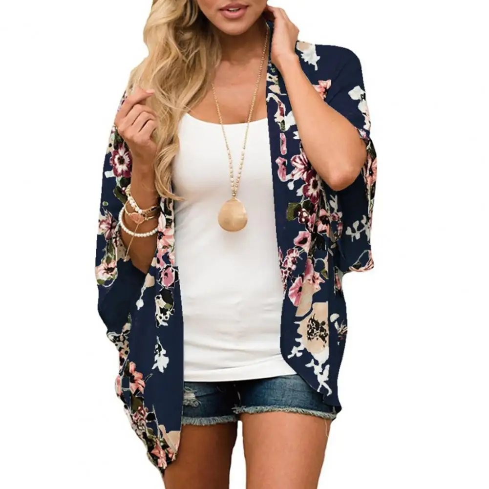 

Women Beach Shirt Flower Print Half Sleeve Open Stitch Thin Soft Breathable Sun Protection Anti-UV Loose Lady Beach Cover-up Top