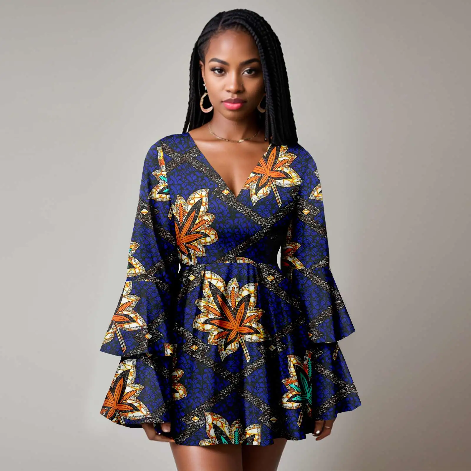 

Afripride African Women's Dresses Ruffle Sleeve Sexy Dresses Short Neck V Neck Long Sleeve A2325034