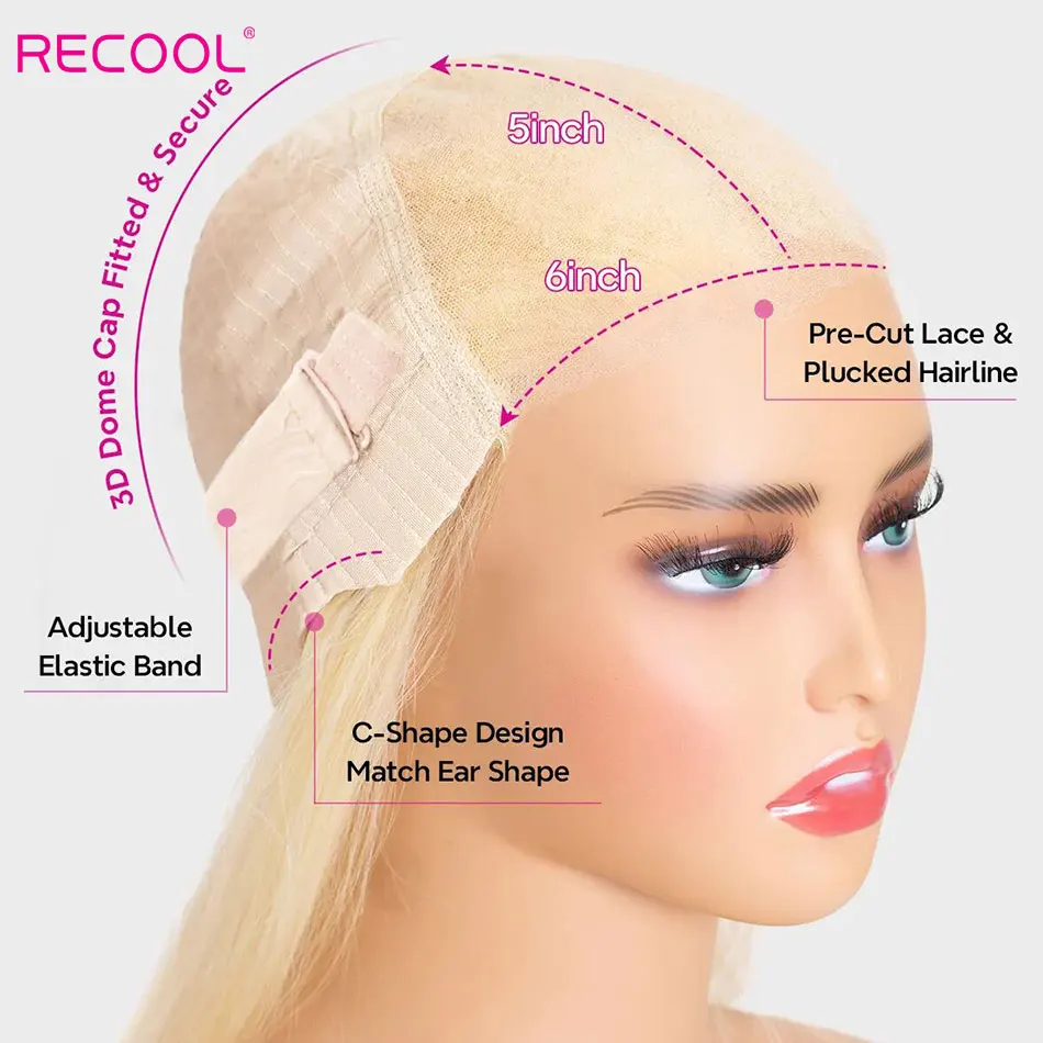 Recool 613 Blonde Curtain Bangs Lace Closure Wig Human Hair Glueless 6&times;5 Pre Cut&Bleached Hd Lace Body Wave Wig