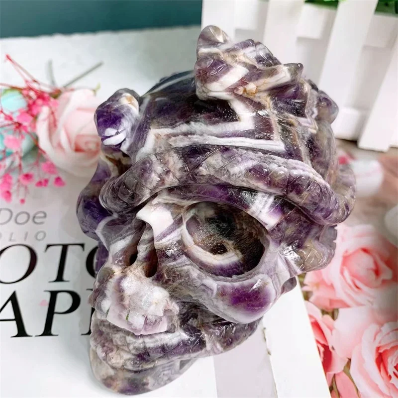 

Natural Dream Amethyst Snake Skull Carving Ghost Head Reiki Gift Crafts Feng Shui Home Decoration Stone Statues 1pcs