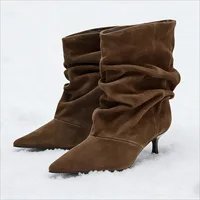 Suede Winter Women High Boots Pointed-Toe Pleated Short Boots Female Brown Retro Elegant Designer Ankle Boots Bottes Femmes - Image 4