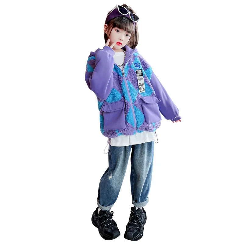 

New Fashion Wool Tops for Girls Autumn Winter Thick Warm Print Design Coats Casual Patchwork Hooded Jacket for Teenager 4-14 Yrs