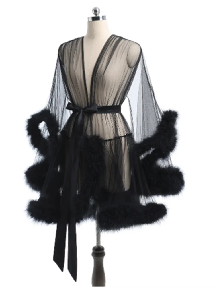 Sexy Feather Robe Seductive Mesh Perspective Sex Fur Bathrobe Passionate Waist Tightening Robe Dressing Gown women sleepwear silk robe sleepwear pajamas