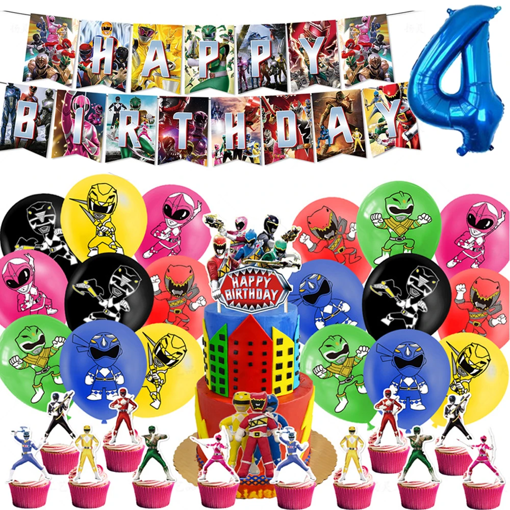 

Powered Rangering Ballon Sets Party Supplies Boys Birthday Mask Heroed Party Decoration Banner Cake Topper Latex Ballon Festivel