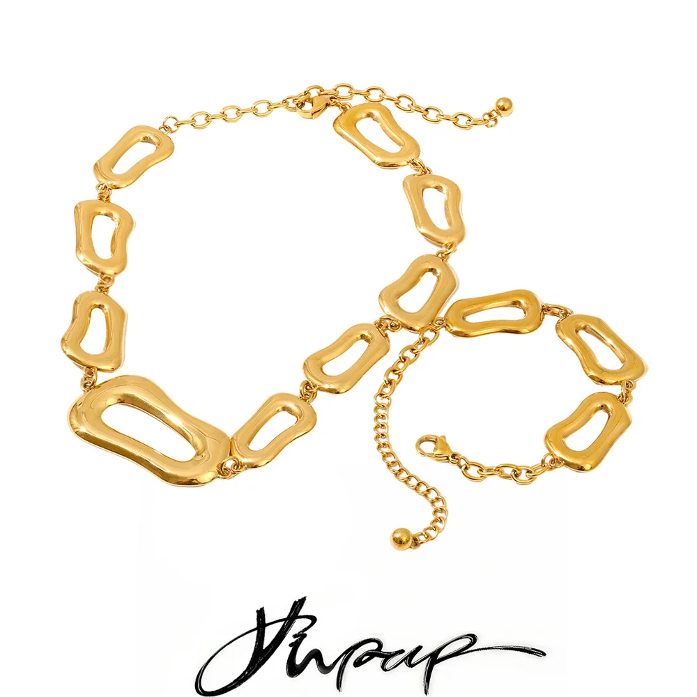 Yhpup Distinctive Smooth Stainless Steel Rectangle Chain Necklace Bracelet Bangle Rust Proof Metal High Quality Jewelry 1
