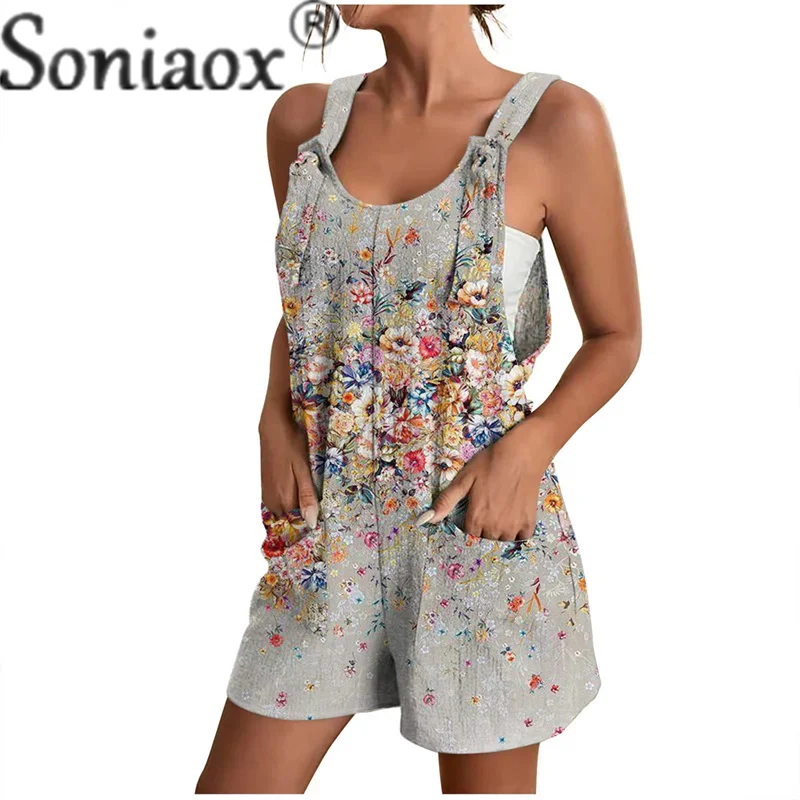 Summer Suspenders Jumpsuit Shorts Splicing Pocket Female  Fashion Botanical Flower Print Rompers Women's Casual Loose Streetwear