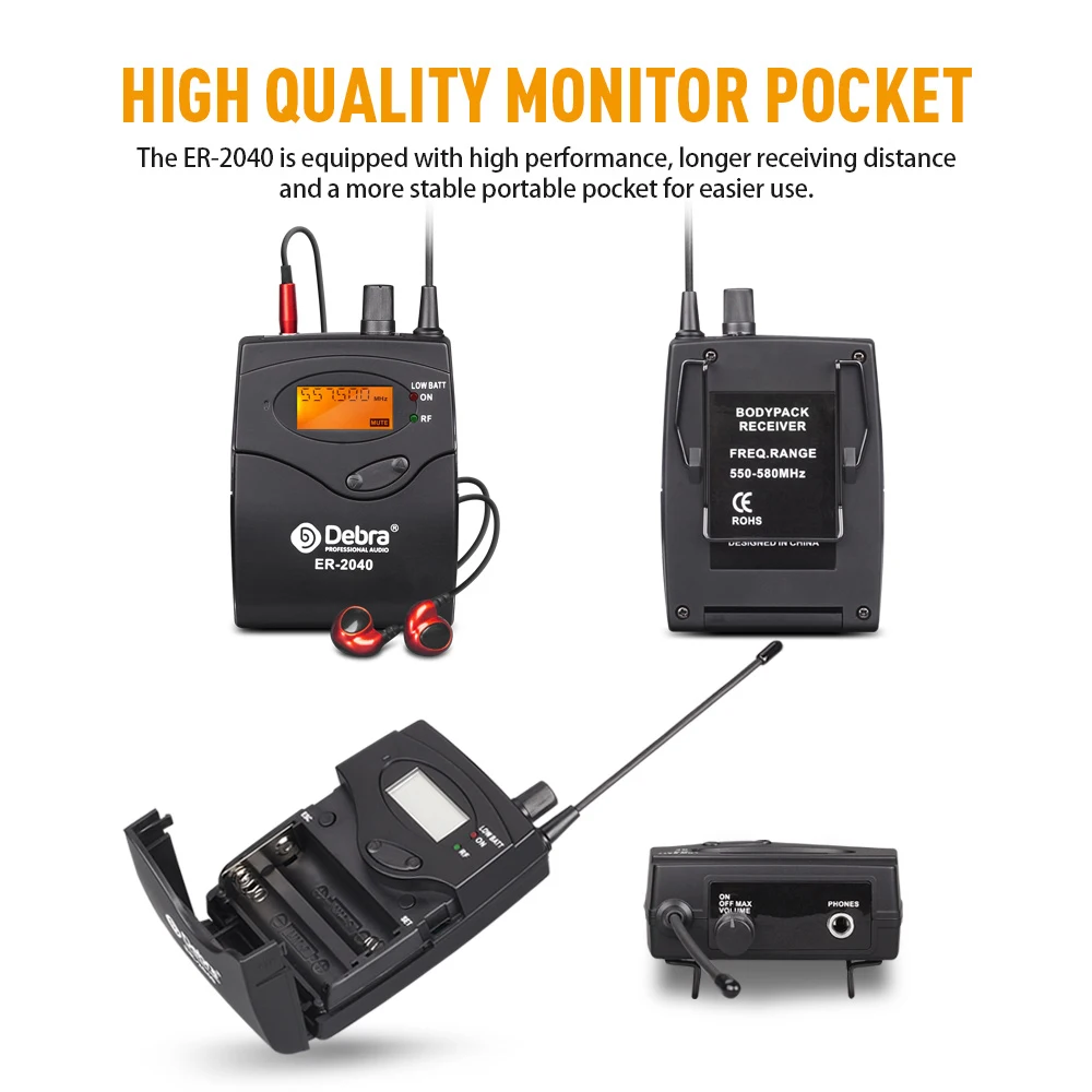Debra UHF IEM In-Ear Wireless Monitor System ER-2040 with Receiving Distance180m for Stage Performance, Outdoor Singing wireless in ear monitor