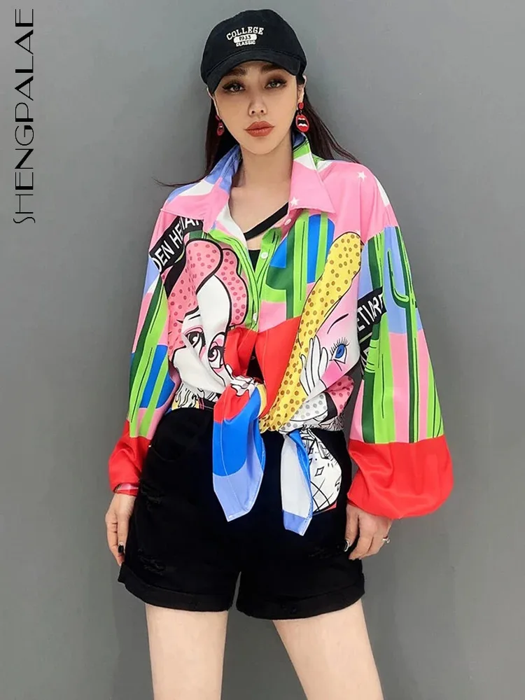 

SHENGPALAE Fashion Chic Printed Shirt For Women Spring 2024 New Contrast Color Lapel Casual Loose Blouse Tops Female Tide 5R9424