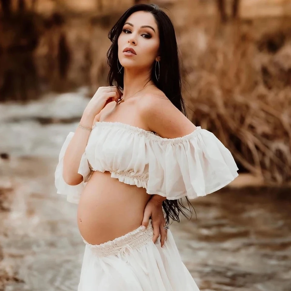 Abito Maternità In Chiffon Per Fotografia - Scollato, Maniche Medie, Maxi Abito Da Gravidanza (Taglie S-XL)