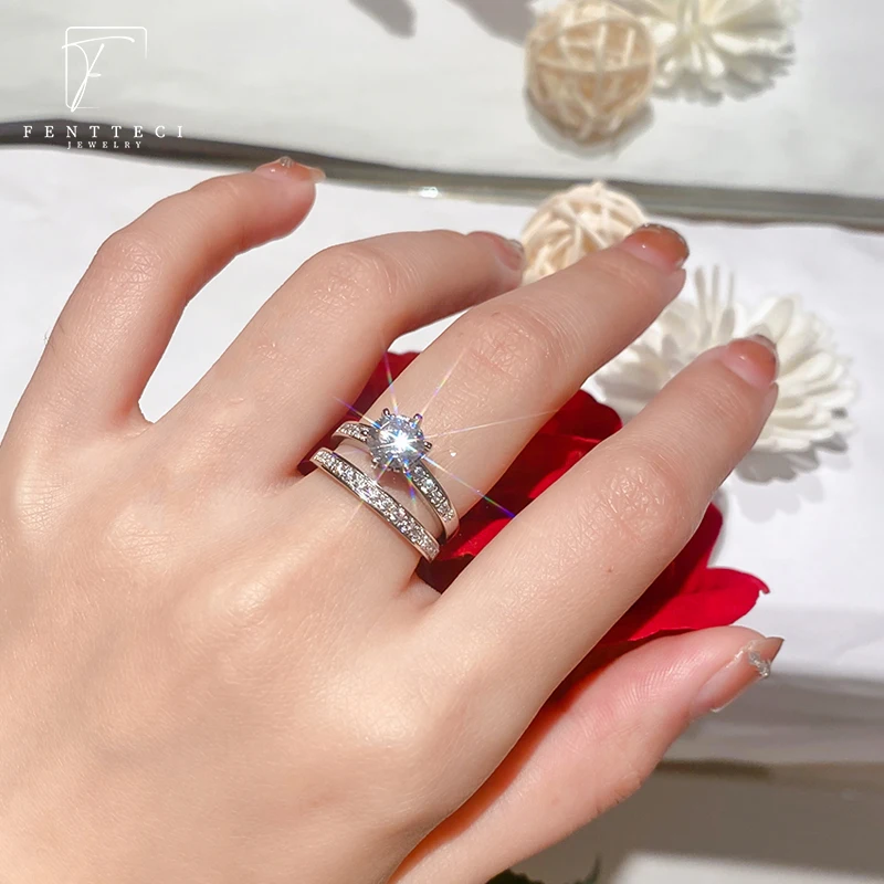 FENTTECI S925 Sterling Silver Platinum Plated Moissanite Diamond Ring for Women Luxury A Set Of Ring Wedding Bands Fine Jewelry